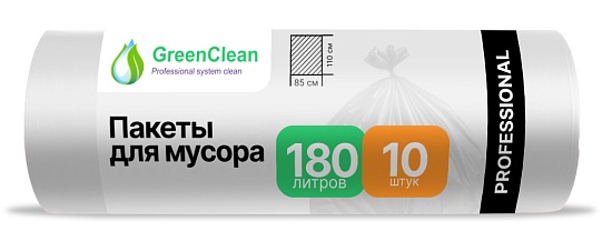 Мешки для мусора 180 л, 30 мкм, в рулоне 10 штук, ПВД, прозрачные, 85х110 см, Professional, GreenClean - Вид 1